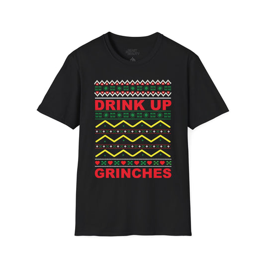 black t-shirt with drink up grinches humorous holiday graphic