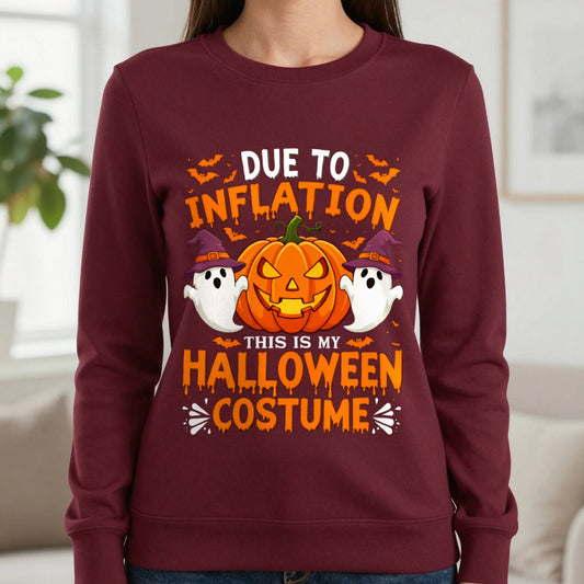 Due To Inflation This Is My Halloween Costume Sweatshirt in Maroon, worn, our photo