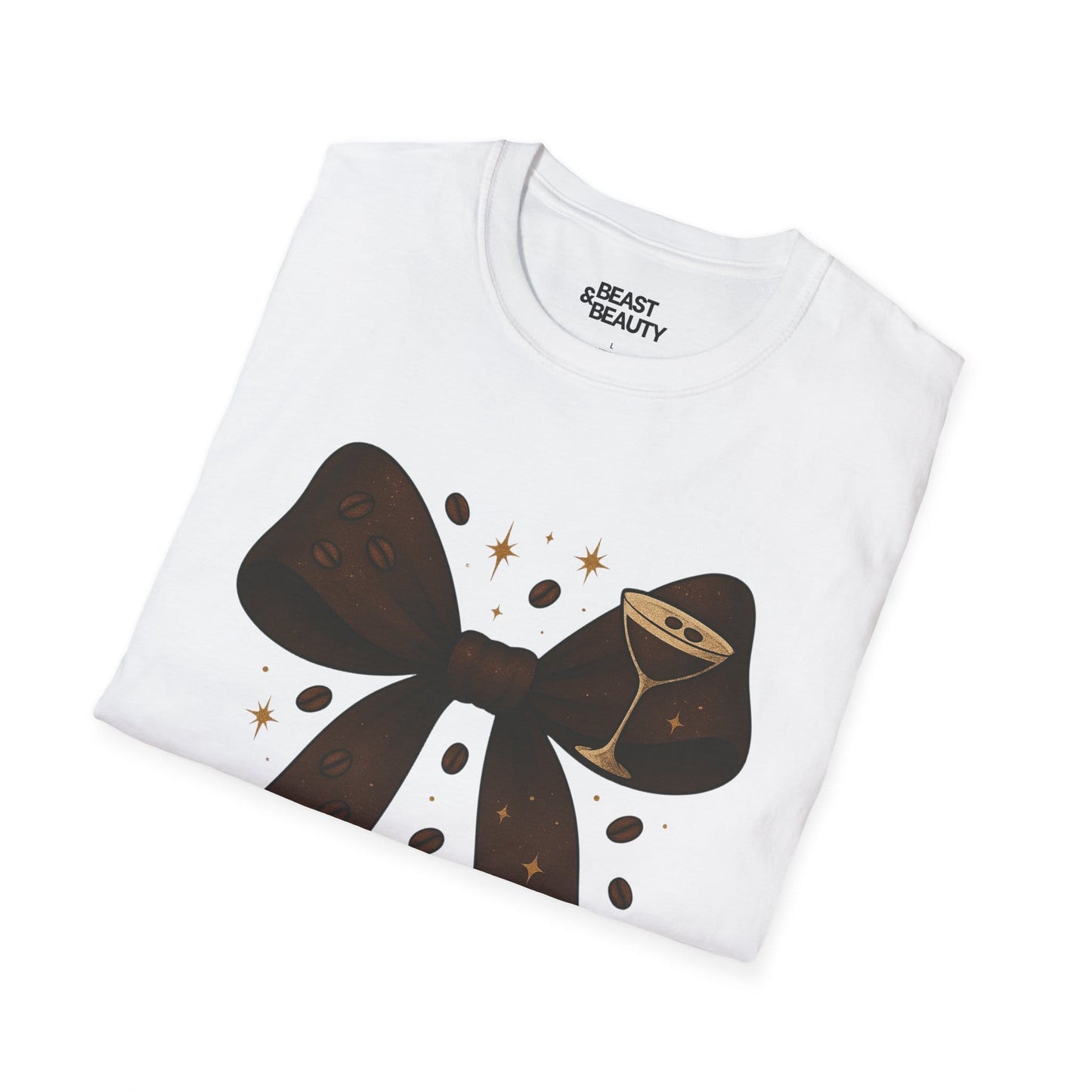 close-up of espresso martini bow design on soft t-shirt fabric