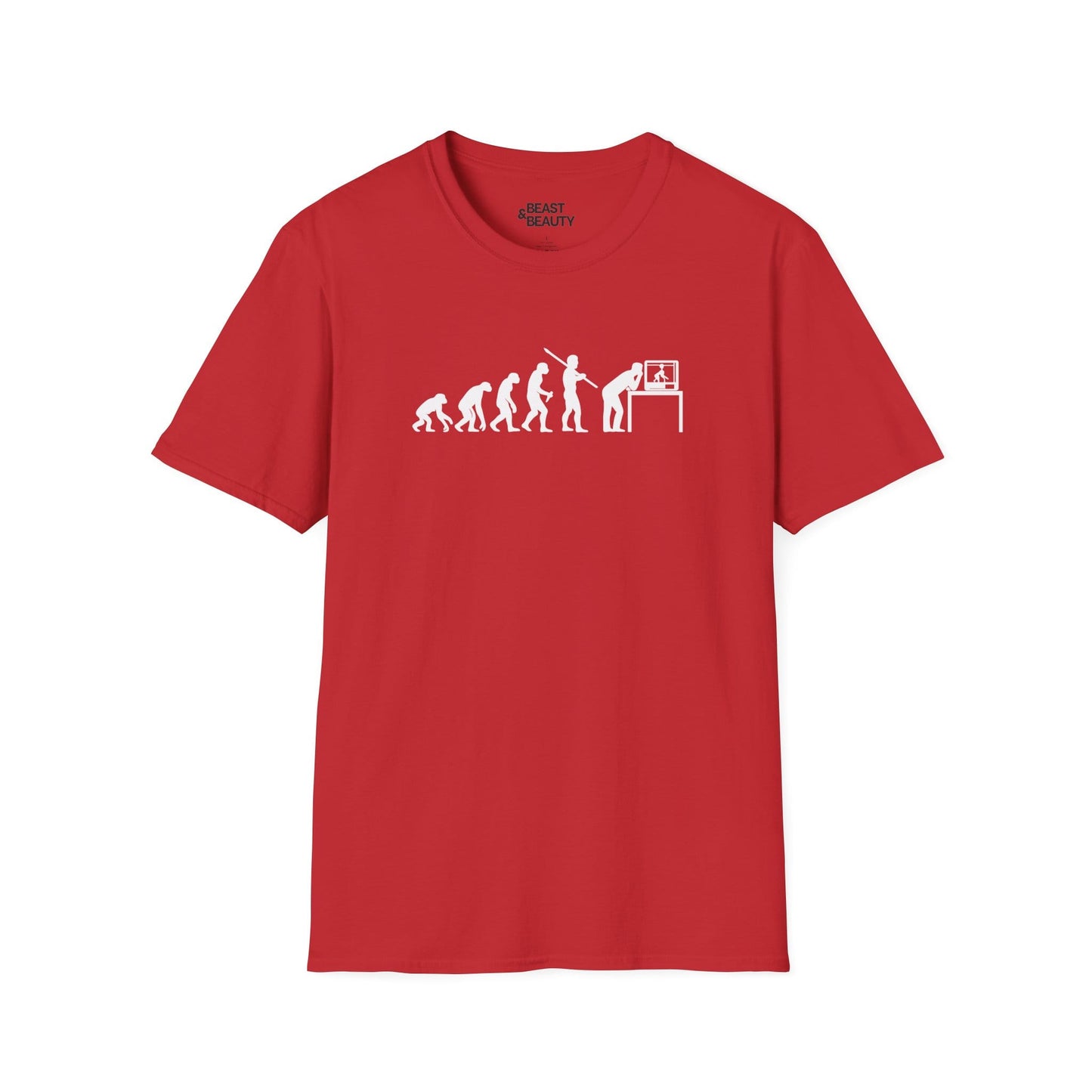 red t-shirt with evolution of man to 3d printer maker design