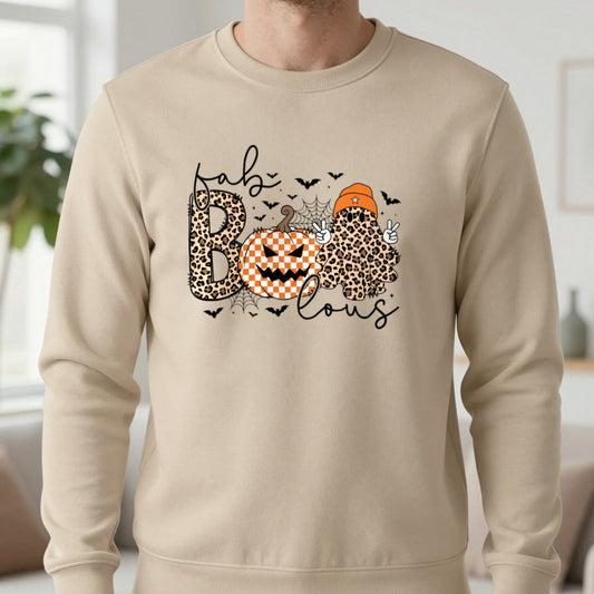 Fab Boo Lous Halloween Sweatshirt in Sand, worn, our photo
