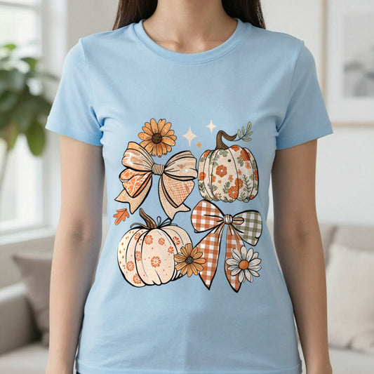 Fall Pumpkin Bow Graphic T-Shirt in Light Blue, worn, our photo
