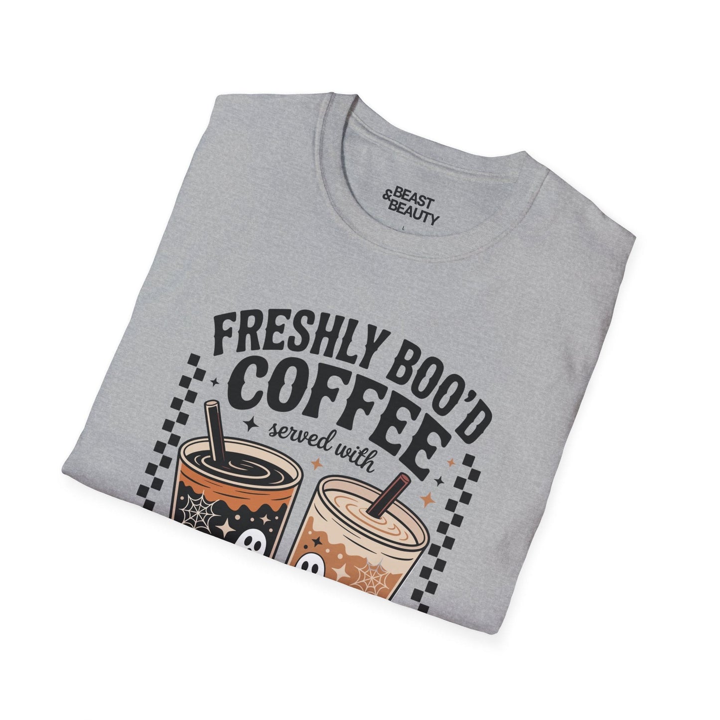 sport grey halloween tee with coffee ghost artwork