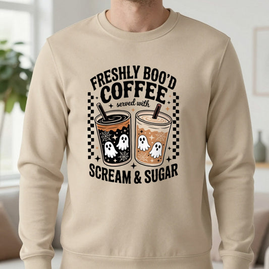 Freshly Boo’d Coffee Halloween Sweatshirt in Sand, worn, our photo