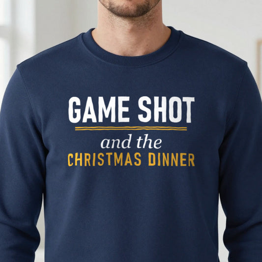 Game Shot And The Christmas Dinner Funny Darts Christmas Jumper & T-Shirt close-up