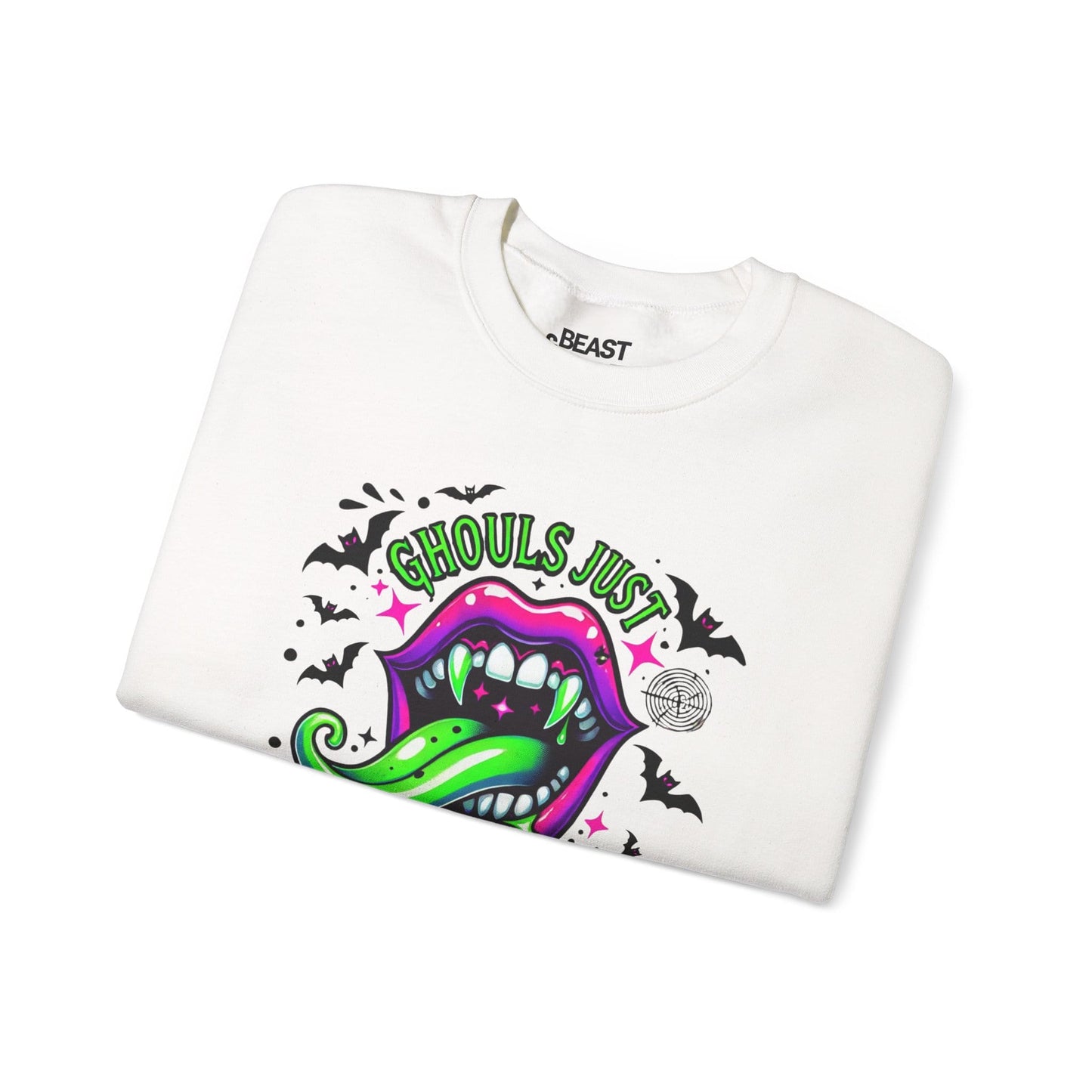 ghouls just wanna have fun halloween sweatshirt with neon vampire lips slime and bats design