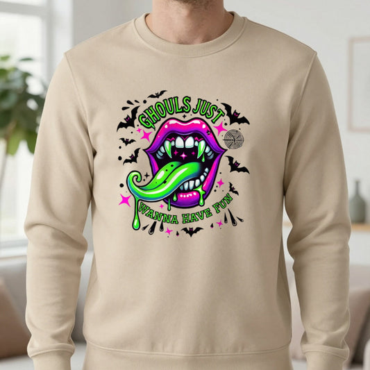 Ghouls Just Wanna Have Fun Halloween Sweatshirt in Sand, worn, our photo