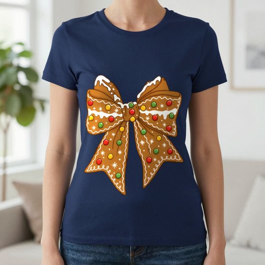 Gingerbread Coquette Bow Christmas T-Shirt in Navy, worn, our photo