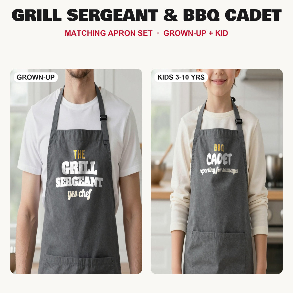 Grill Sergeant & BBQ Cadet matching apron set in Dark Grey: grown-up and kids aprons, our photo