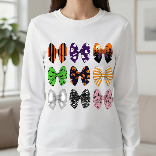 Halloween Bow Pattern Sweatshirt in White, worn, our photo