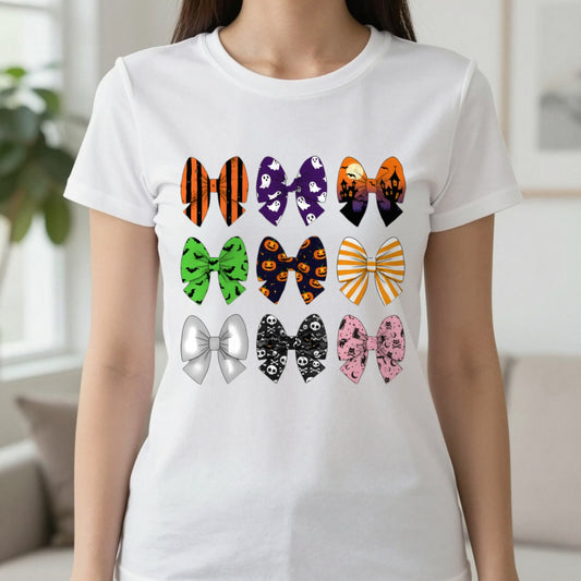 Halloween Bow Pattern T-Shirt in White, worn, our photo