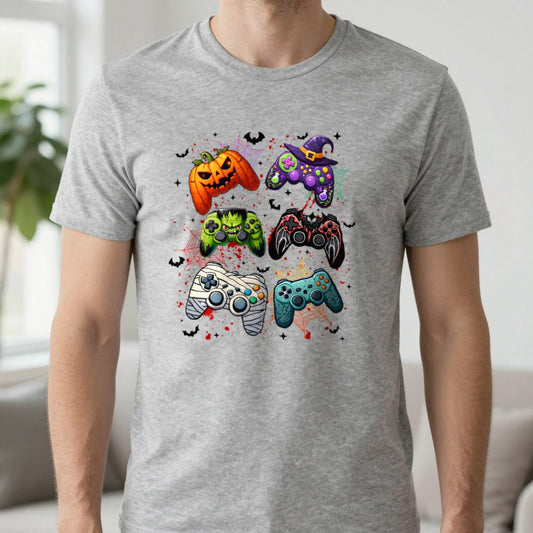 Halloween Gamer Controller T-Shirt in Sport Grey, worn, our photo