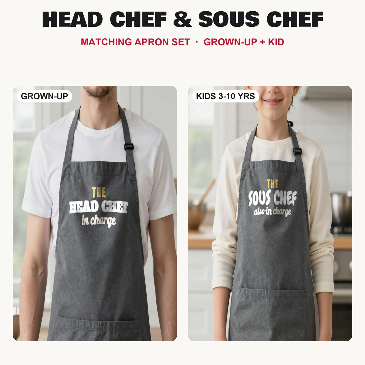 Head Chef & Sous Chef matching apron set in Dark Grey: grown-up and kids aprons, our photo