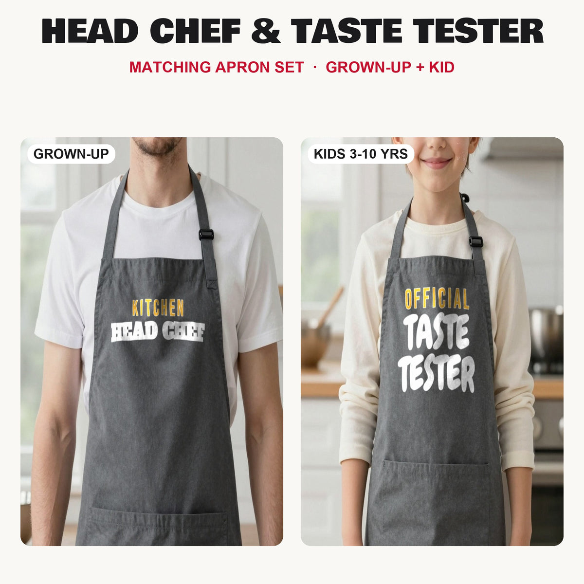 Head Chef & Taste Tester matching apron set in Dark Grey: grown-up and kids aprons, our photo