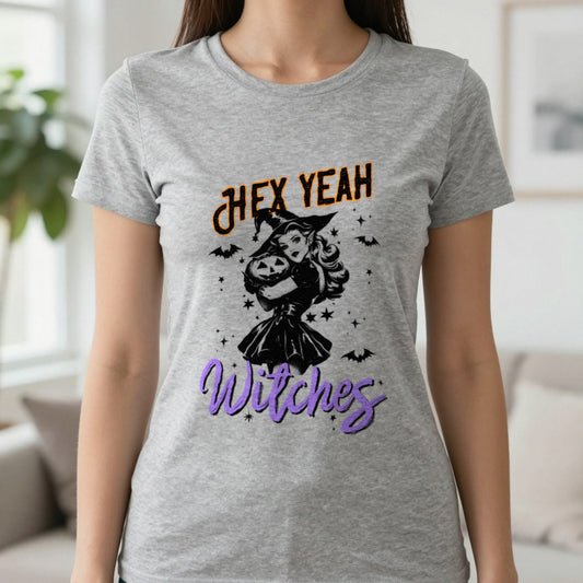Hex Yeah Witches Halloween T-Shirt in Sport Grey, worn, our photo