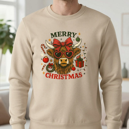 Highland Cow Merry Christmas Sweatshirt in Sand, worn, our photo
