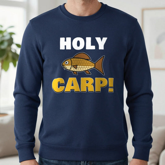 Holy Carp Funny Fishing T-Shirt & Sweatshirt in Navy (Sweatshirt), worn, our photo