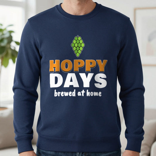 Hoppy Days Funny Beer T-Shirt & Sweatshirt in Navy (Sweatshirt), worn, our photo