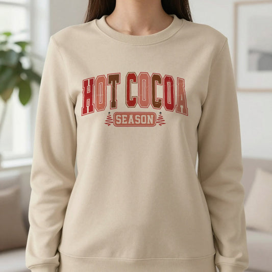 Hot Cocoa Season Sweatshirt in Sand, worn, our photo