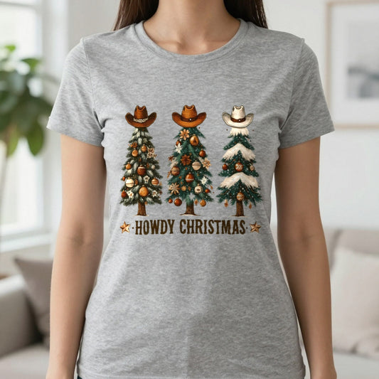 Howdy Christmas Cowboy T-Shirt in Sport Grey, worn, our photo