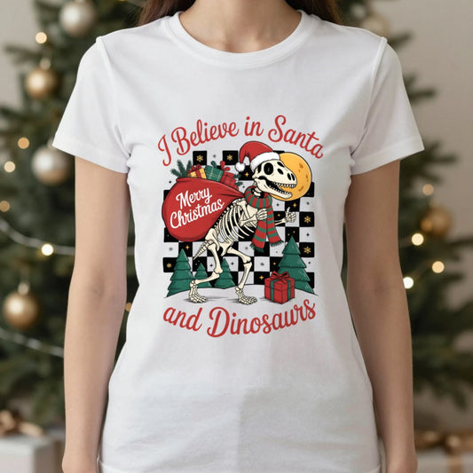I Believe in Santa and Dinosaurs Christmas T-Shirt in White, worn, our photo