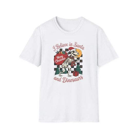 I Believe in Santa and Dinosaurs Christmas T-Shirt - funny t-shirt by Cheeky Business