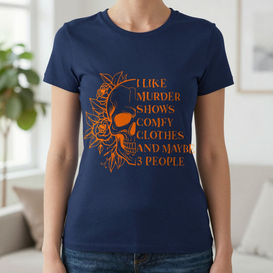 I Like Murder Shows Funny Halloween Skull Graphic T-Shirt in Navy, worn, our photo