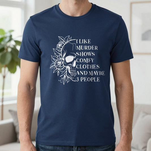 I Like Murder Shows Gothic Skull T-Shirt in Navy, worn, our photo
