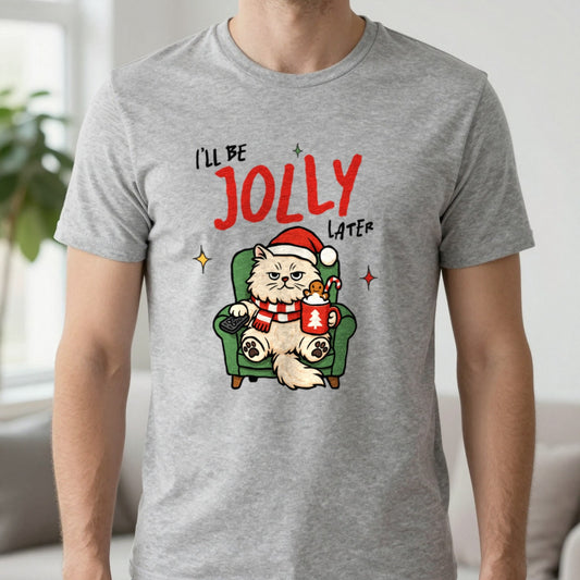 I’ll Be Jolly Later Cat Christmas T-Shirt in Sport Grey, worn, our photo