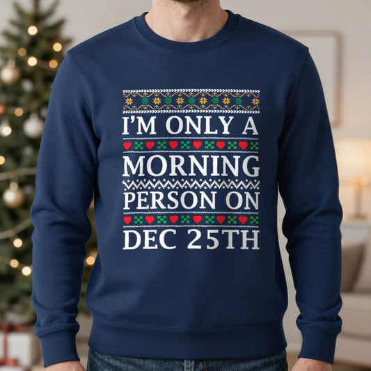 Christmas Morning Sweatshirt in Navy, worn, our photo