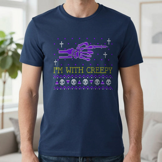 I’m With Creepy Halloween Graphic T-Shirt in Navy, worn, our photo
