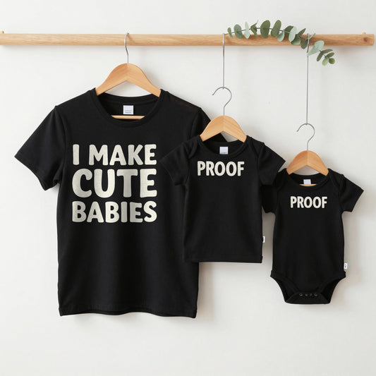 I Make Cute Babies grown-up tee, kids tee and baby grow on hangers