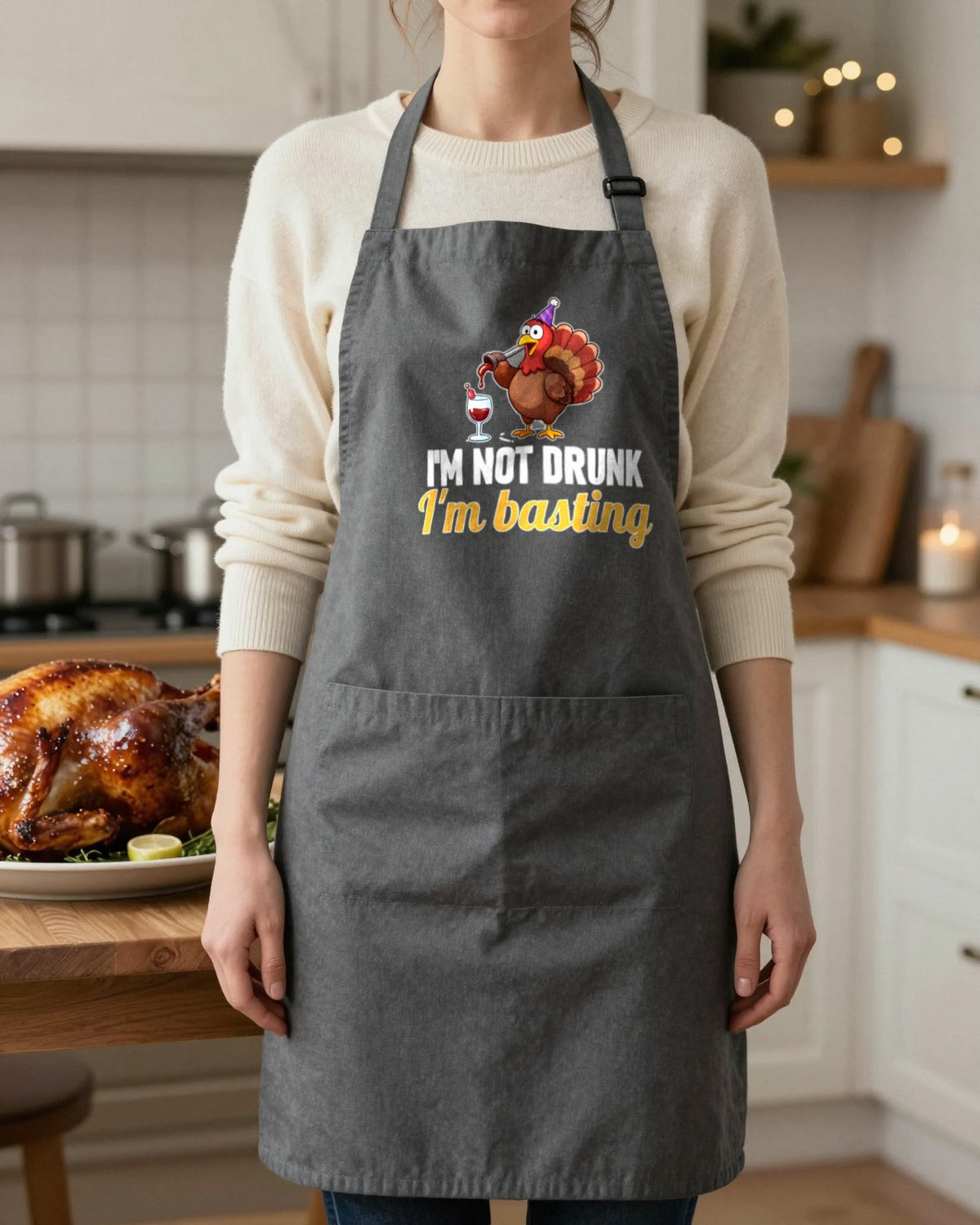 I'm Not Drunk I'm Basting Christmas apron in Dark Grey, worn, our photo