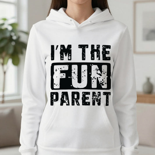 I'm The Fun Parent Hoodie in White, worn, our photo