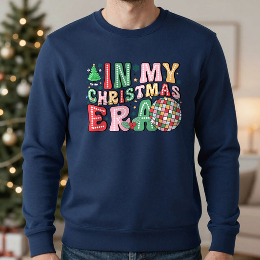 In My Christmas Era Sweatshirt in Navy, worn, our photo