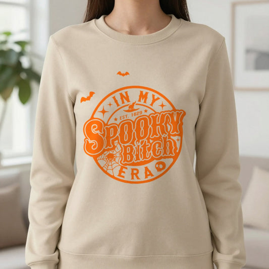 In My Spooky Bitch Era Halloween Sweatshirt in Sand, worn, our photo