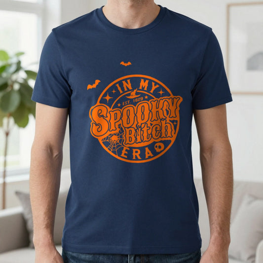 In My Spooky Witch Era Halloween Graphic T-Shirt in Navy, worn, our photo