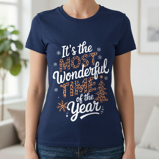 It’s The Most Wonderful Time Of The Year Christmas T-Shirt in Navy, worn, our photo