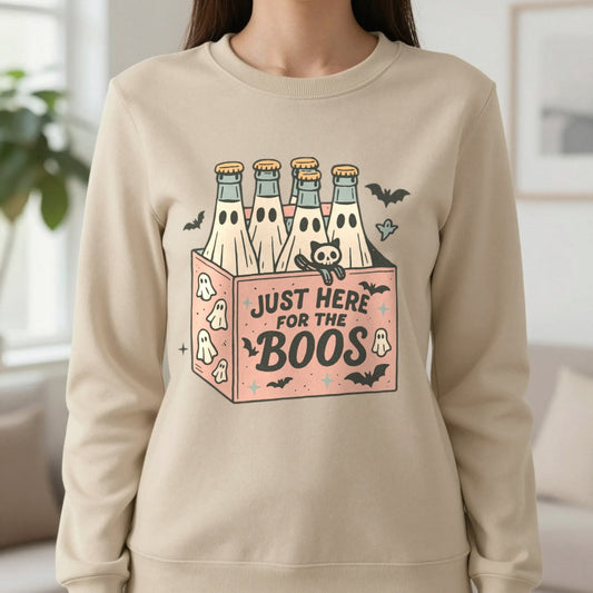 Just Here For The Boos Halloween Sweatshirt in Sand, worn, our photo