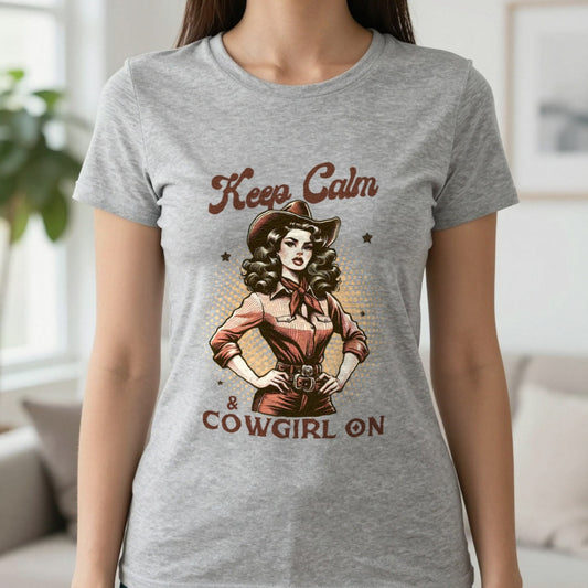 Keep Calm & Cowgirl On T-Shirt in Sport Grey, worn, our photo