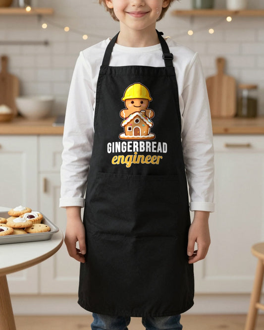 Gingerbread Engineer kids apron in Black, worn, our photo