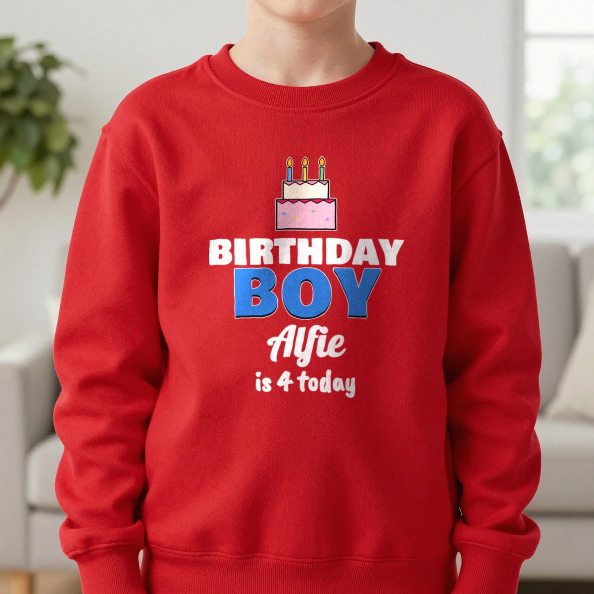Kids Personalised Birthday Boy T-Shirt Sweatshirt in Red, worn, our photo
