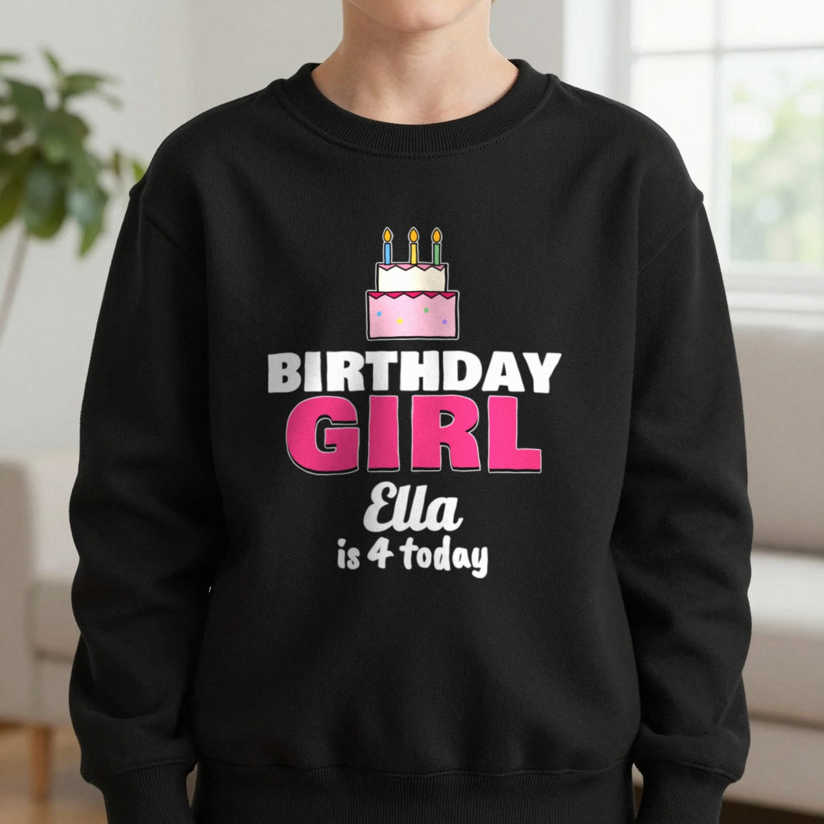 Kids Personalised Birthday Girl T-Shirt Sweatshirt in Black, worn, our photo