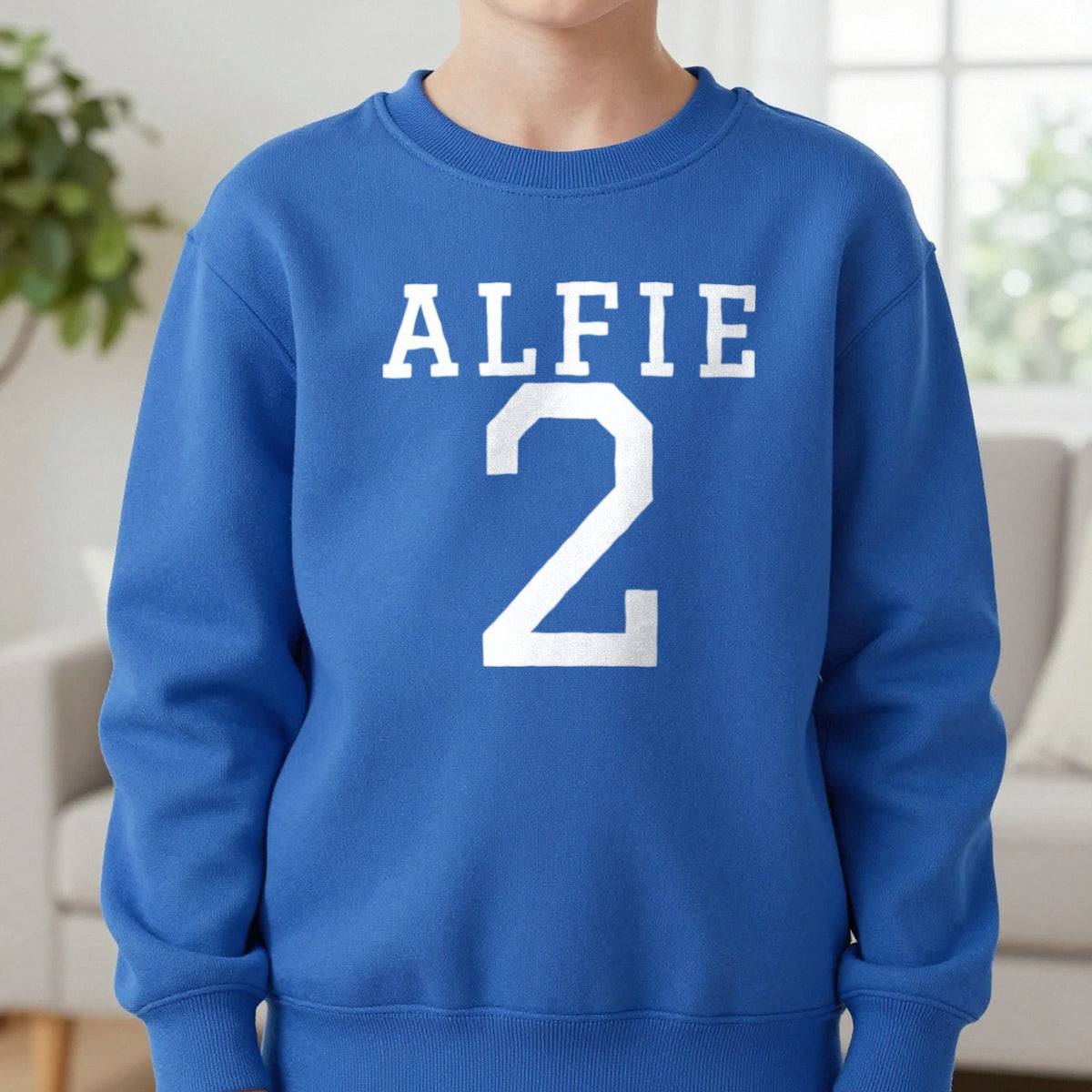 Kids Personalised Name And Number T-Shirt & Sweatshirt Sweatshirt in Royal, worn, our photo