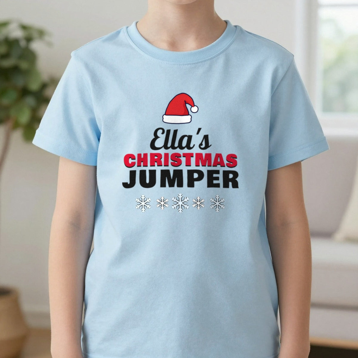 Kids Personalised Name's Christmas Jumper T-Shirt in Light Blue, worn, our photo