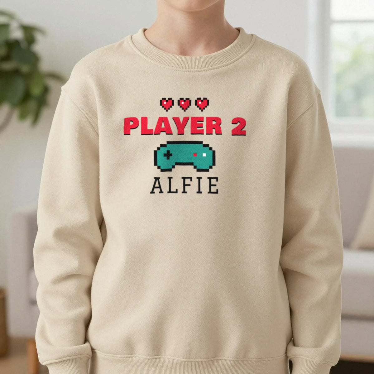 Kids Personalised Player 2 T-Shirt & Sweatshirt Sweatshirt in Sand, worn, our photo