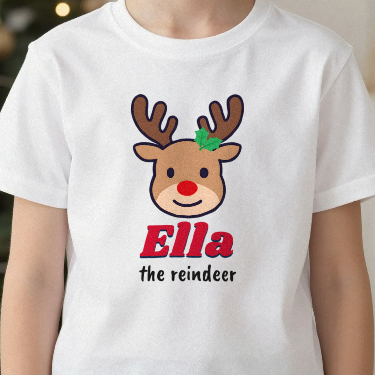 Kids Personalised Reindeer Name Christmas Jumper & T-Shirt in another colour
