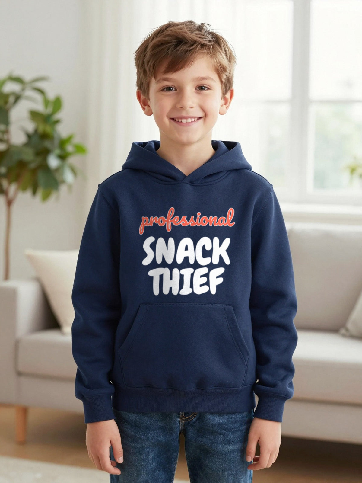 Kids Professional Snack Thief T-Shirt, Sweatshirt & Hoodie Hoodie in Navy, worn by a child