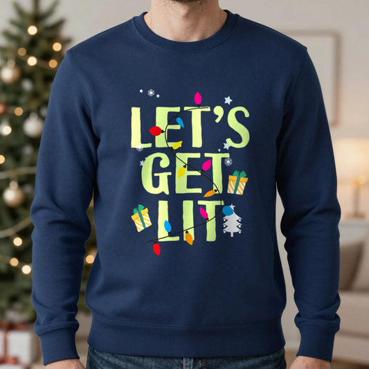 Let's Get Lit Christmas Sweatshirt in Navy, worn, our photo