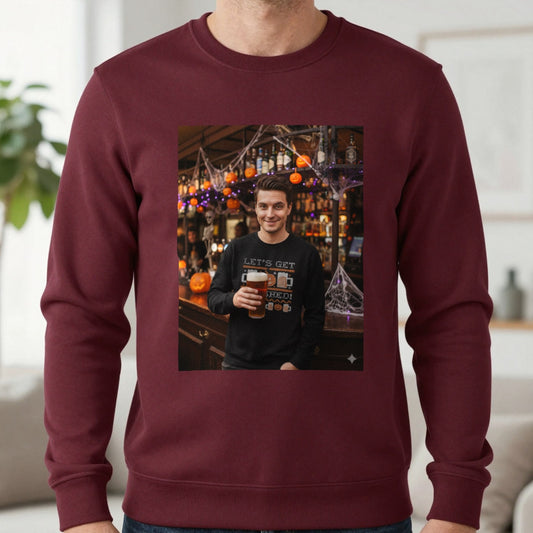 Let's Get Smashed Halloween Sweatshirt in Maroon, worn, our photo
